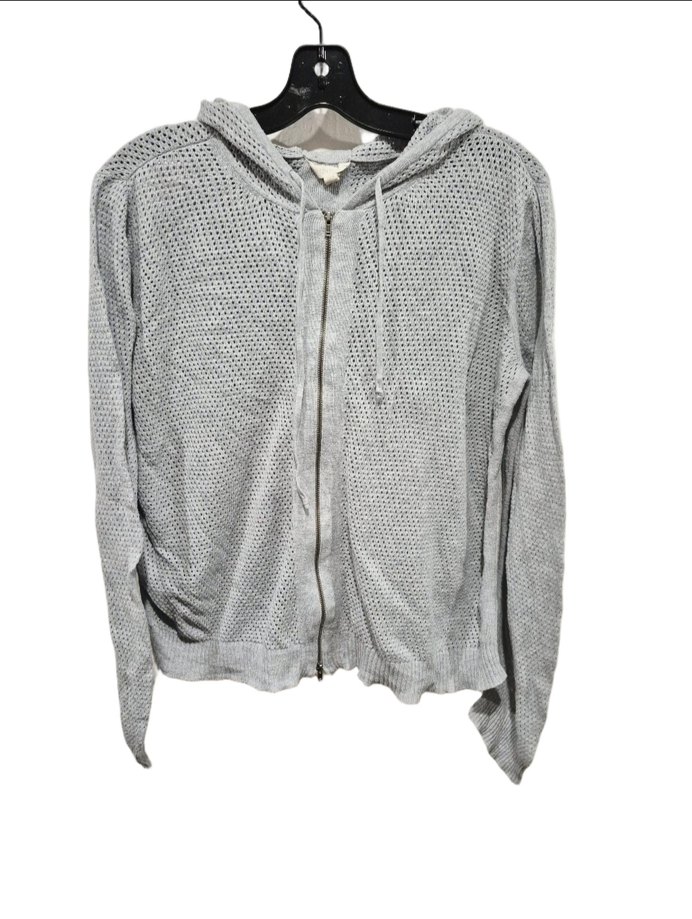 Eileen Fisher Light Grey Open Knit Mesh Zip Hoodie Sweater Size L Organic Cotton